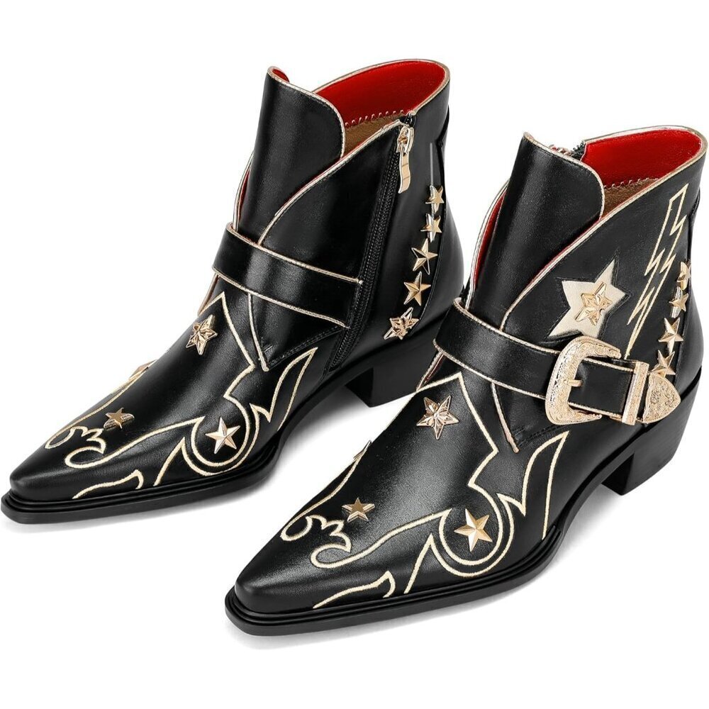 🆕Women’s Western Ankle Boots Black Polyurethane Star Embroidered Cowgirl Buckle - Picture 6 of 7